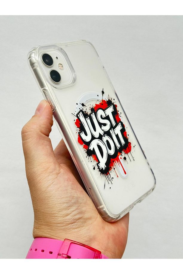 Iphone 11-JUST DO IT DESENLİ Şeffaf Magsafe Wireless Kablosuz Şarj Destekli V-mags Kılıf - 3