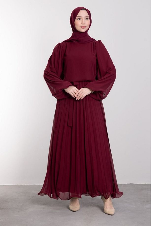 Şifon Minimalist Piliseli Tesettür Elbise Bordo - 4