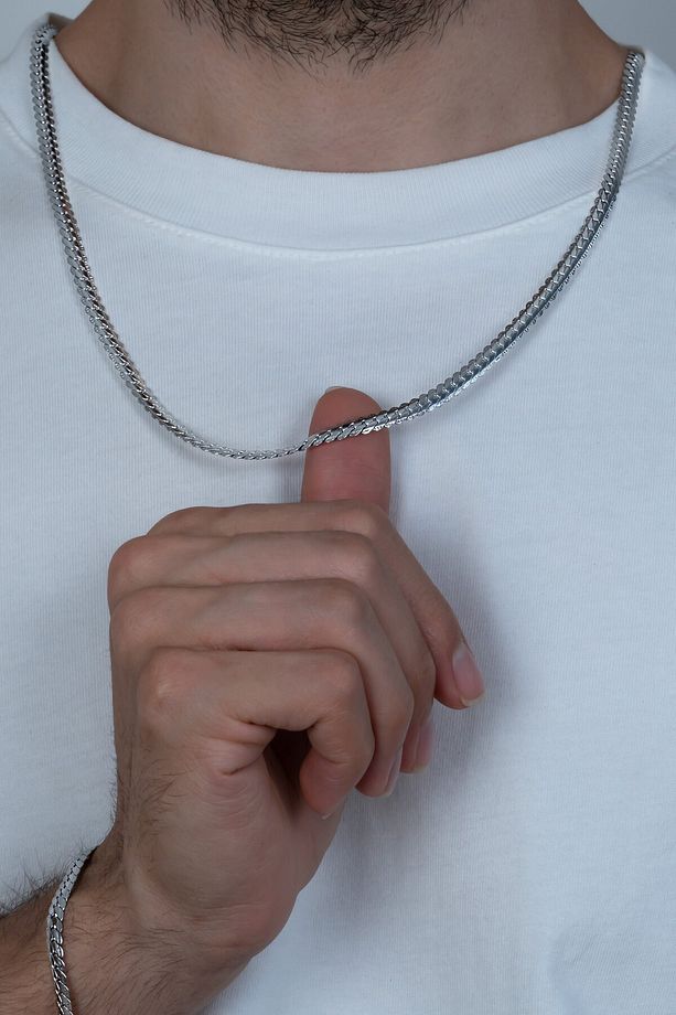 Silver Ezme Yassı Yılan Çelik Unisex Kolye Ve Bileklik Seti Eck36s - 6