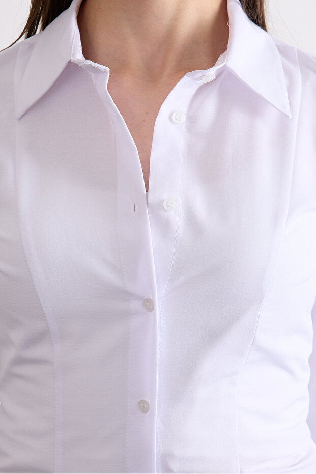 Vücuda Bele Oturan Saran Basic Kadın Gömleği - 4