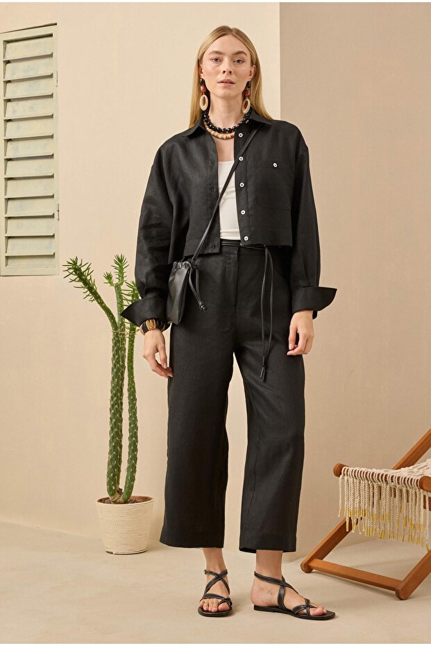 Keten Crop Gömlek Siyah - 2