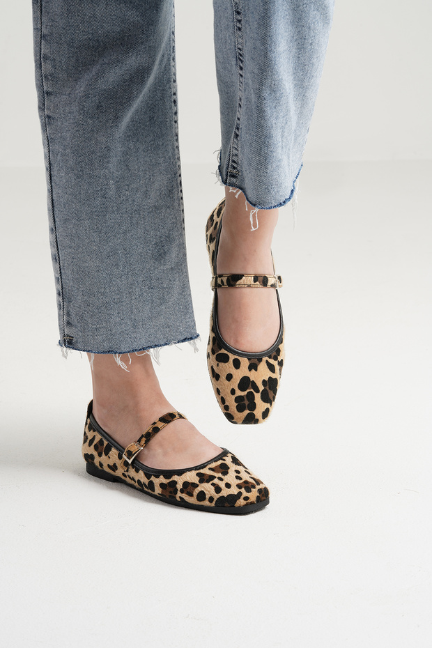 Női szőrös leopárd bőr napi csatos alacsony sarkú kényelmes balerina BYNDMRJ01 - 1