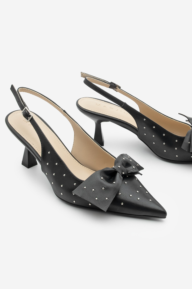 Women's Stiletto Pointed Toe Bow Studded Heeled Black Baynak Shoes