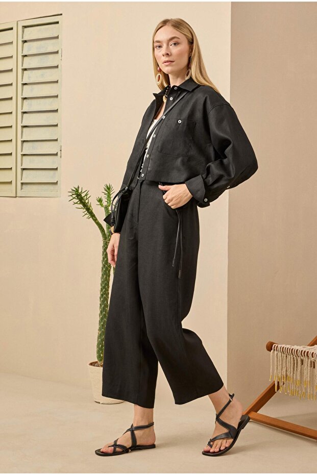 Keten Crop Gömlek Siyah - 3