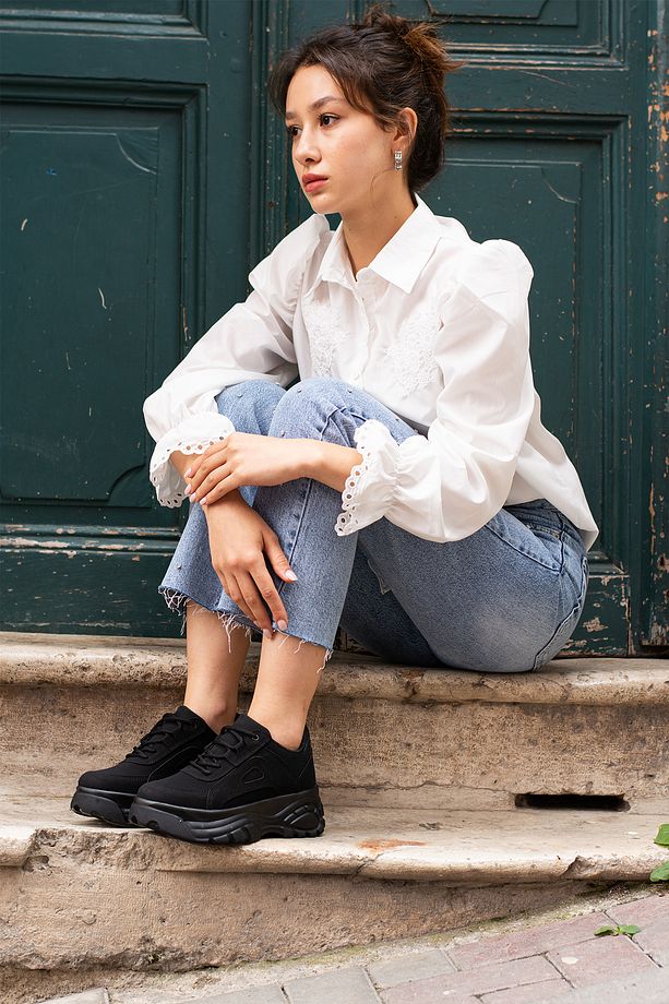 Siyah Süet Günlük Kadın Spor Ayakkabı Bağcıklı Kalın Hafif Yüksek Taban Sneaker - 3