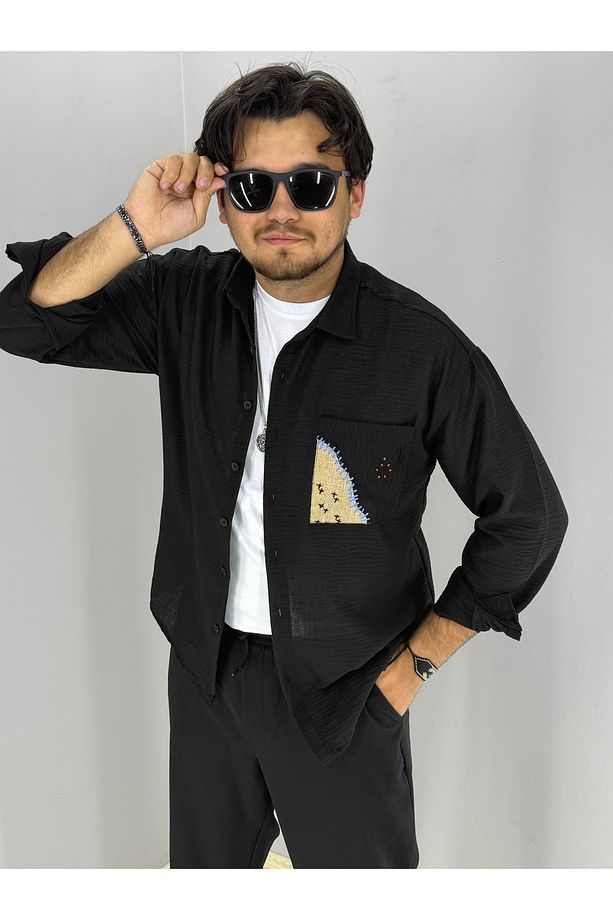 Nakış Hasır Cep Detaylı Oversize Gömlek (Siyah) - 5