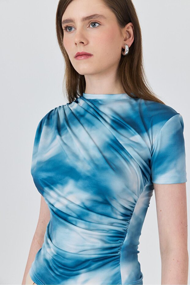 Blue Patterned Gathered Sandy Blouse 12303 - 4