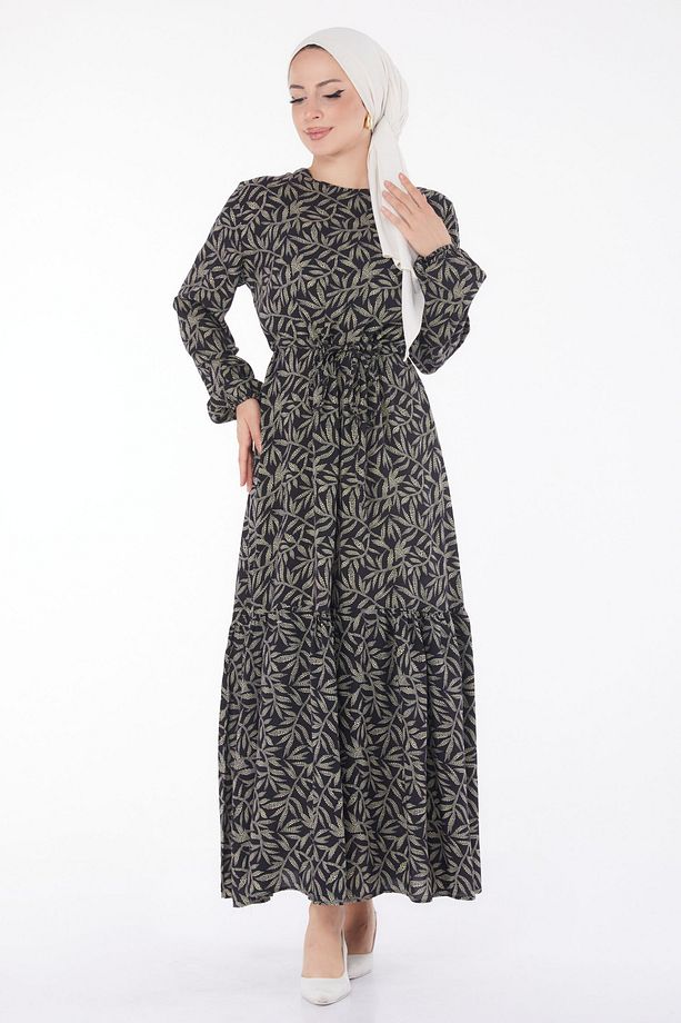 Yaprak Desenli Elbise Siyah - 25751 - 3