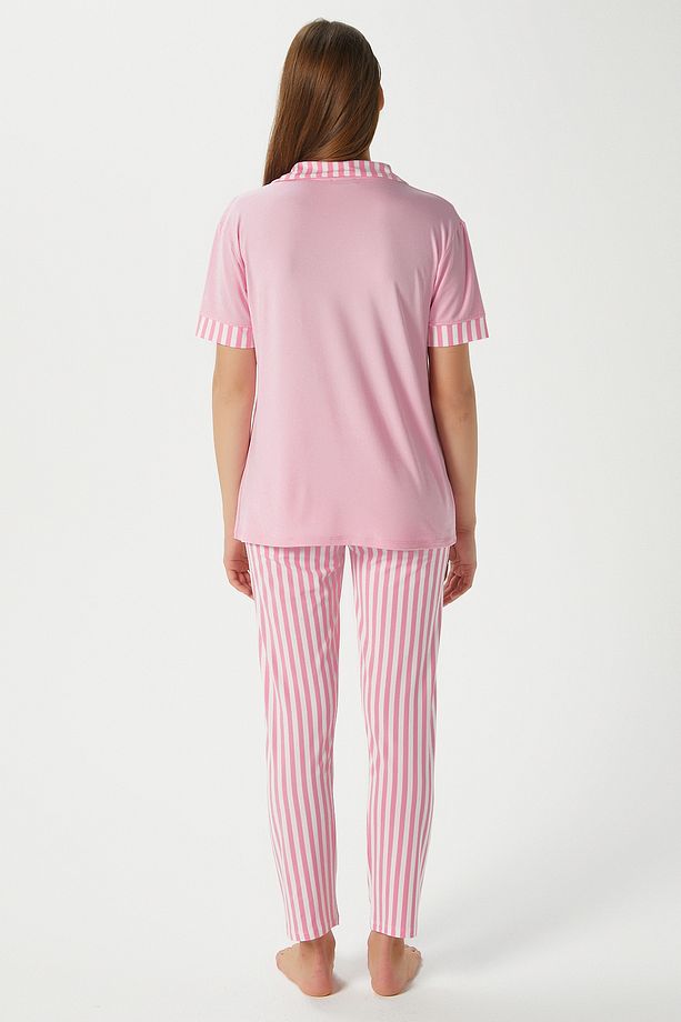 Kadın Elena Yumuşak Doku Pembe Çizgili Ön Düğme Kısa Kollu Pijama Takımı - 6