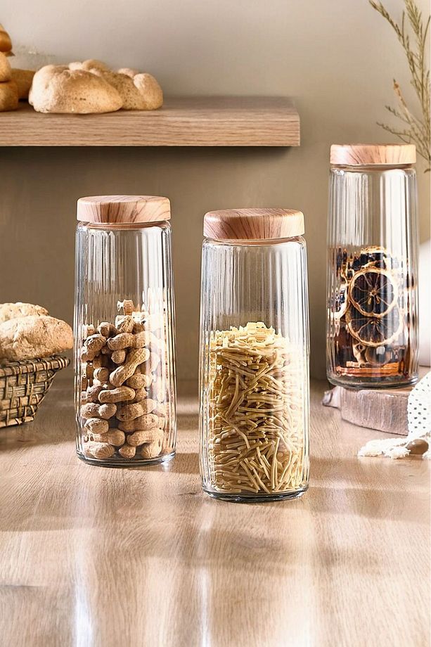 3 Adet 1,5 Litre Bambu Kapak Görünümlü Çizgili Kavanoz Seti 1500 ML Büyük Boy - 1