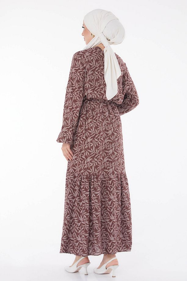 Yaprak Desenli Elbise Kahve - 25751 - 5
