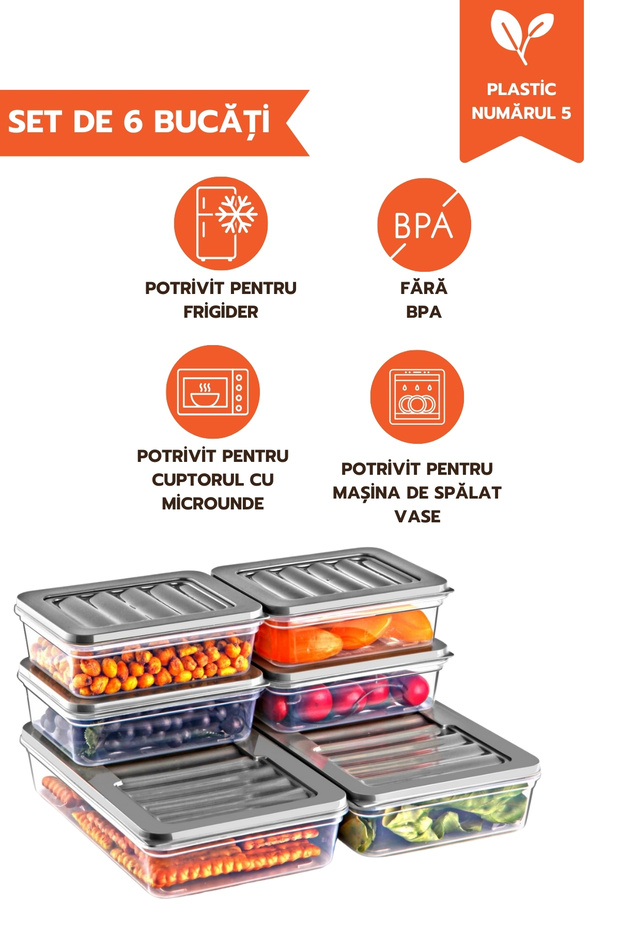 Freshbox Set For Food, 6 Boxes With Lids (4X600 ML, 2X1200 ML), Transparent With Grey Lid - 1