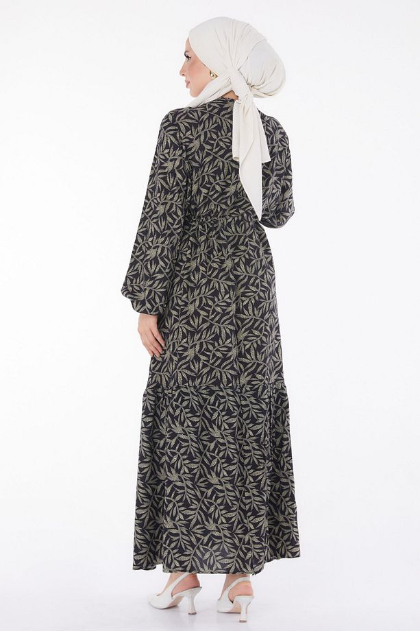 Yaprak Desenli Elbise Siyah - 25751 - 5