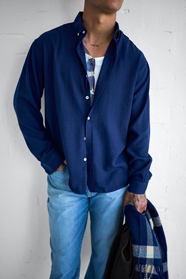 Erkek Oversize Basic Rahat Gömlek Lacivert - 1