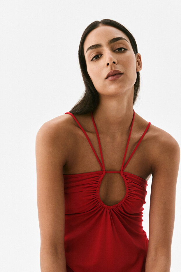 Drapeli Halter Yaka Elbise - 2