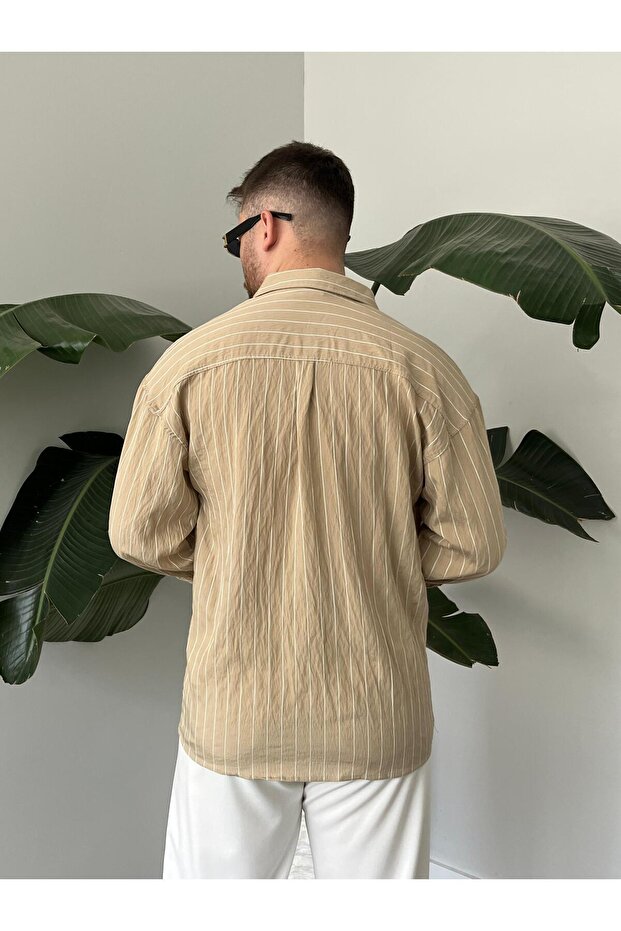 Erkek Oversize Çizgili Modal Gömlek - 4