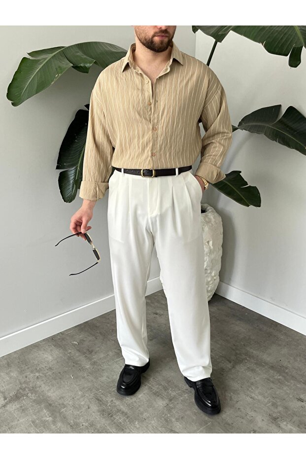 Erkek Oversize Çizgili Modal Gömlek - 7