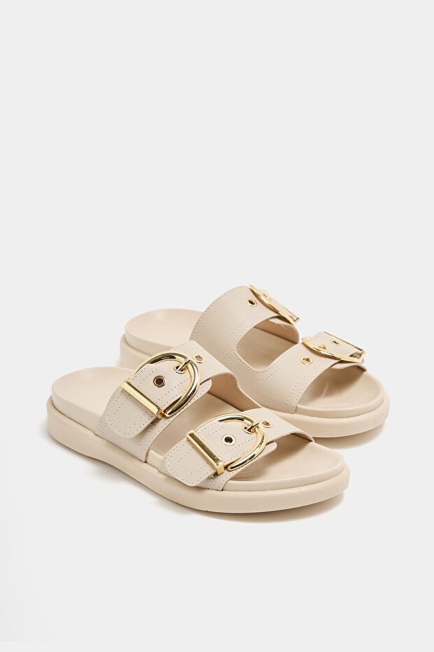 Cream Women's Double Buckle Stylish Daily Slippers