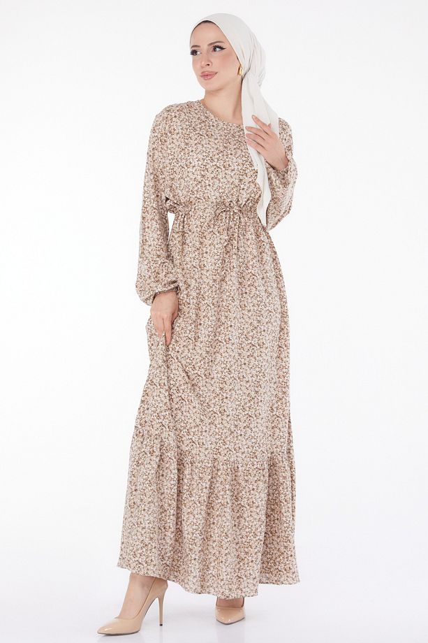 Çiçek Desenli Elbise Bej - 25408 - 1