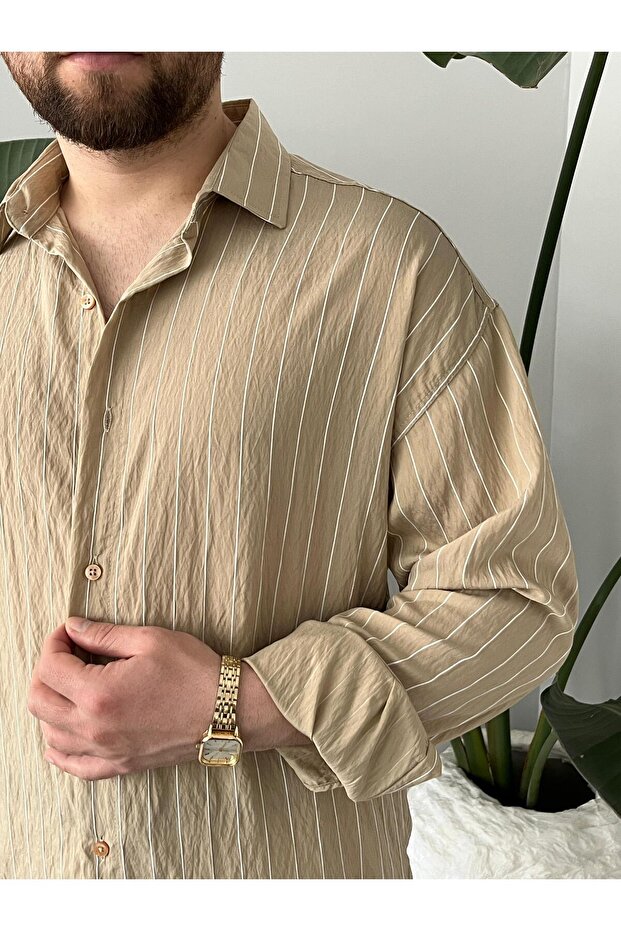 Erkek Oversize Çizgili Modal Gömlek - 5
