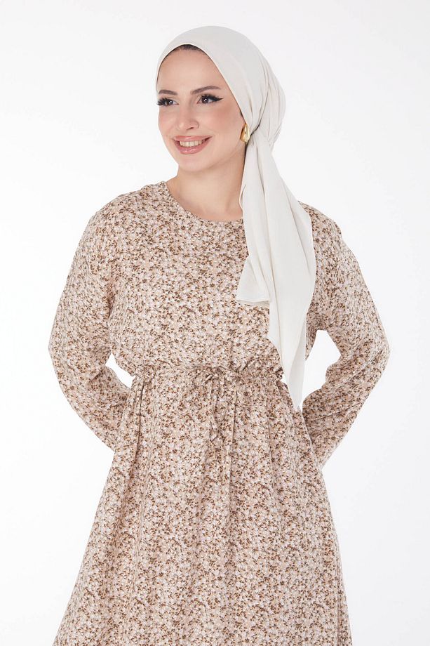Çiçek Desenli Elbise Bej - 25408 - 2