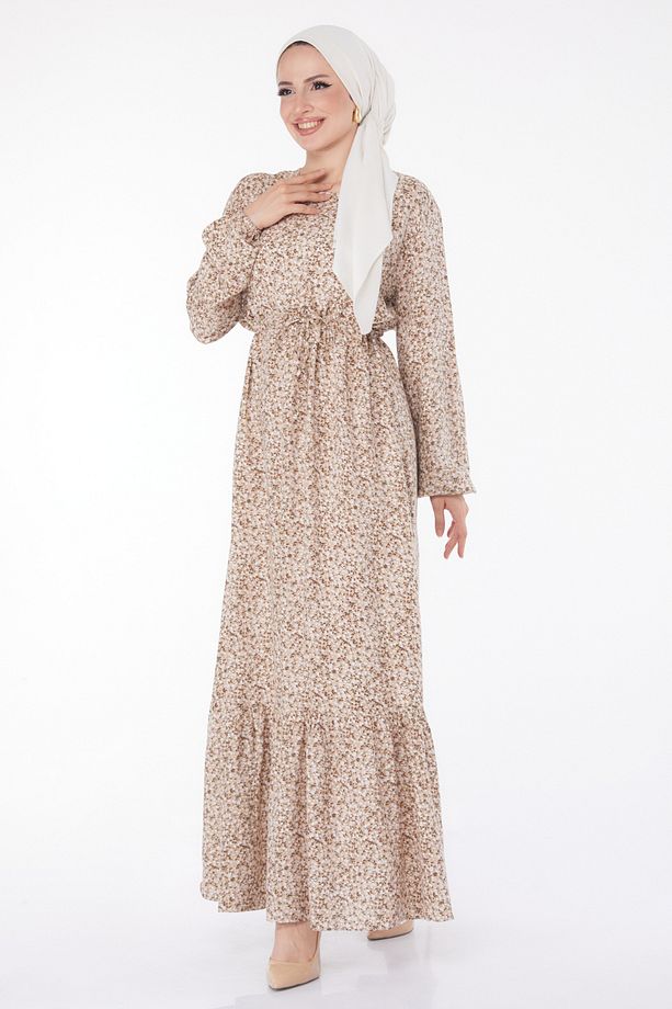 Çiçek Desenli Elbise Bej - 25408 - 3