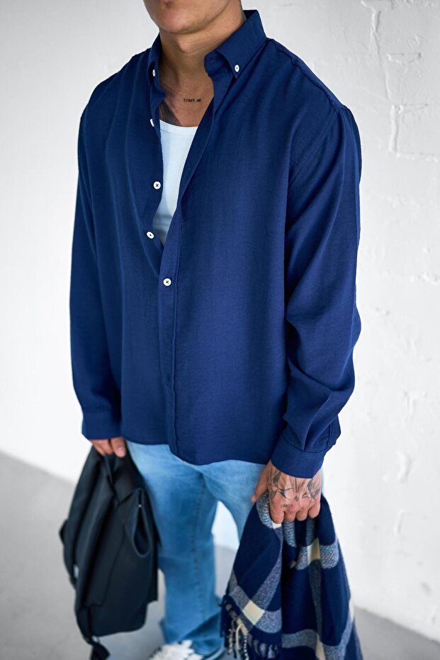 Erkek Oversize Basic Rahat Gömlek Lacivert - 2