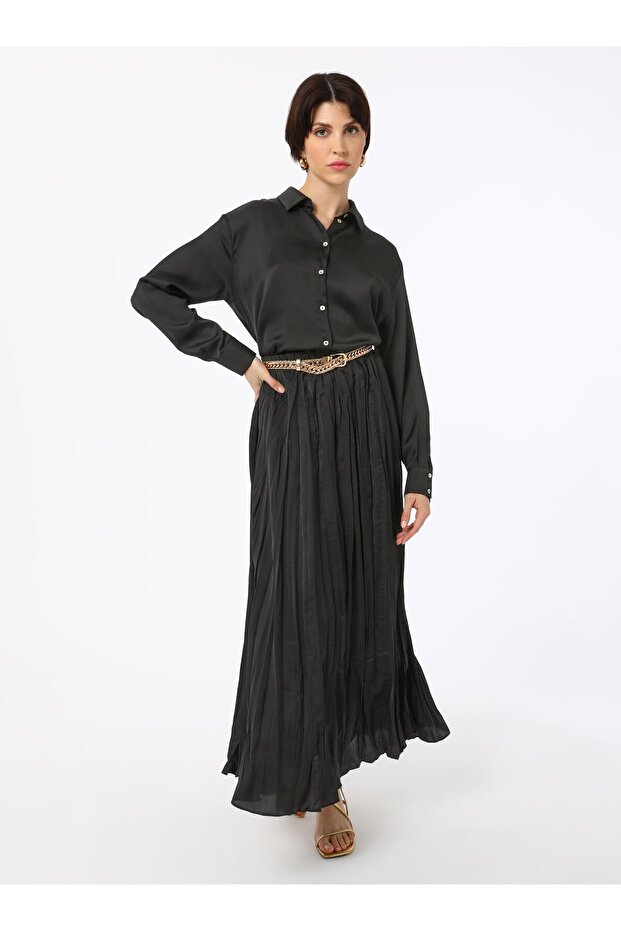 Kırışık Efektli Piliseli Etek - Siyah - Refka - 2