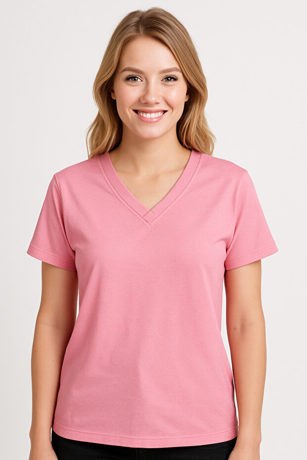 100% Cotton Women's Combed Modal Overlay V-Neck Slit Detailed T-Shirt