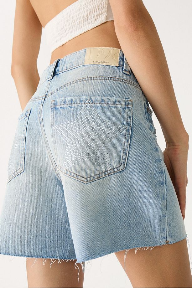 D93 Yıldız detaylı uzun denim şort - 5