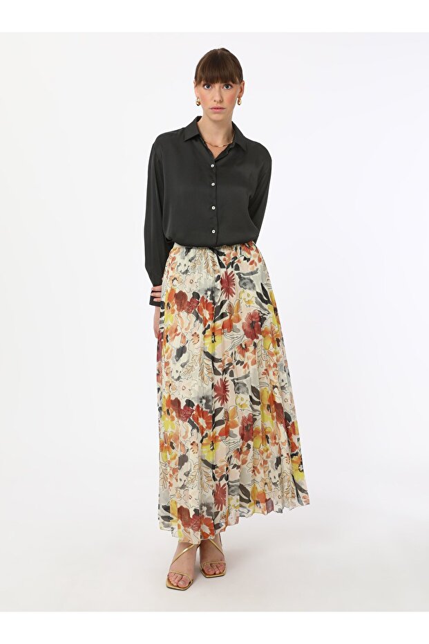 تنورة شيفون بطيات - برتقالي منقوش - رفقة - 1