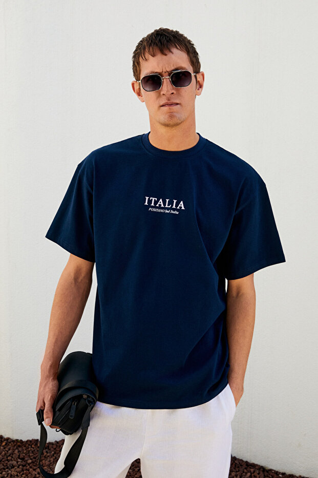 Italia Men's 100% Organic Cotton Front Back Print Detailed Oversize Short Sleeve Navy Blue T-Shirt