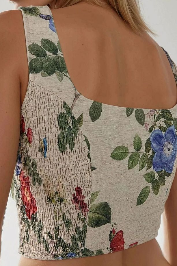 Kare Yaka Çiçek Desenli Gipeli Crop Top - 6