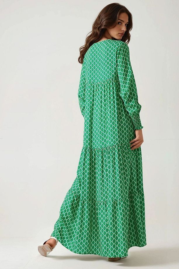 Desenli Yuvarlak Yaka Viskon Modest Elbise - 6