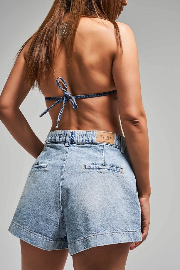 Kadın Kot Renk 4s5-67 Mini Boy Pileli %100 Koton Denim Şort - 2