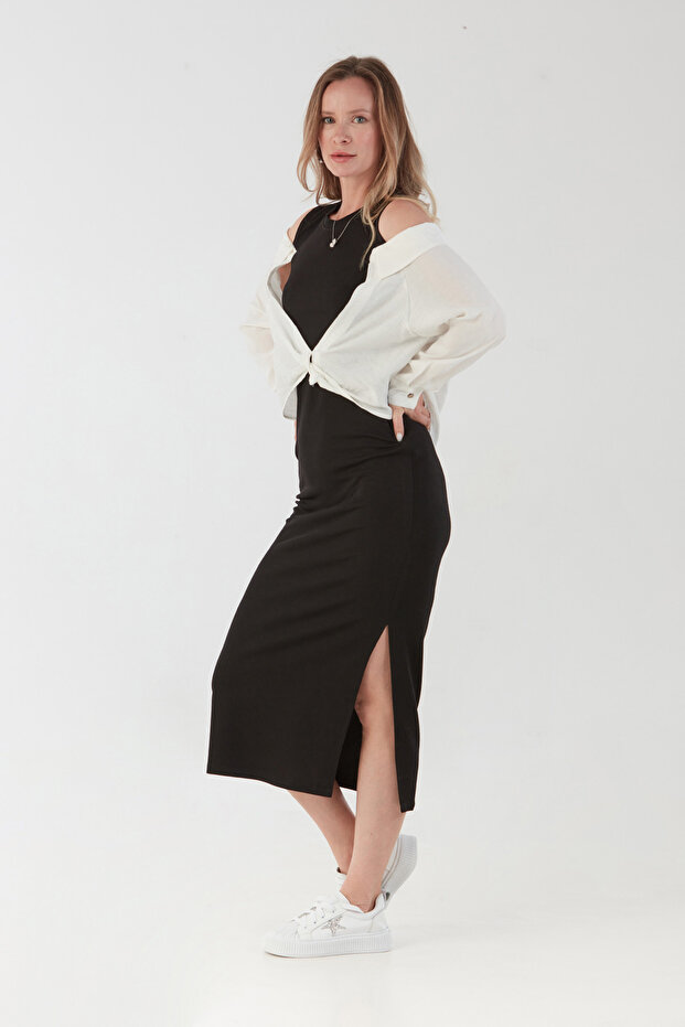 Basic Gömlek Detaylı Yırtmaçlı Elbise - 3