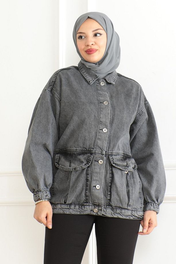 Kadın Oversize Körüklü Cep Kot Ceket Antrasit - 26578 - 3