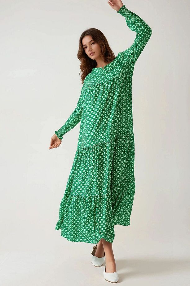 Desenli Yuvarlak Yaka Viskon Modest Elbise - 5