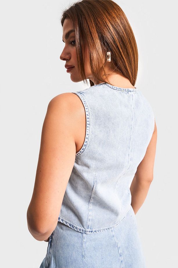 Kadın Kot Rengi 3s5-3 Çiçek Nakışlı Önü Düğmeli Sıfır Kol Tasarım Denim Yelek - 4