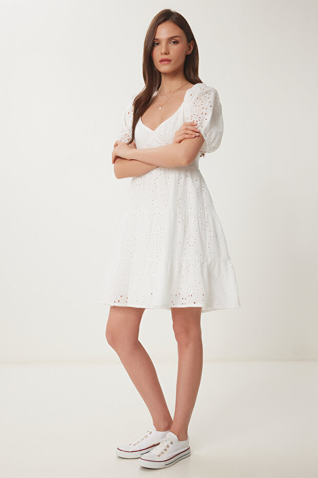 Scalloped Mini Summer Linen Dress Ecru Lub0106