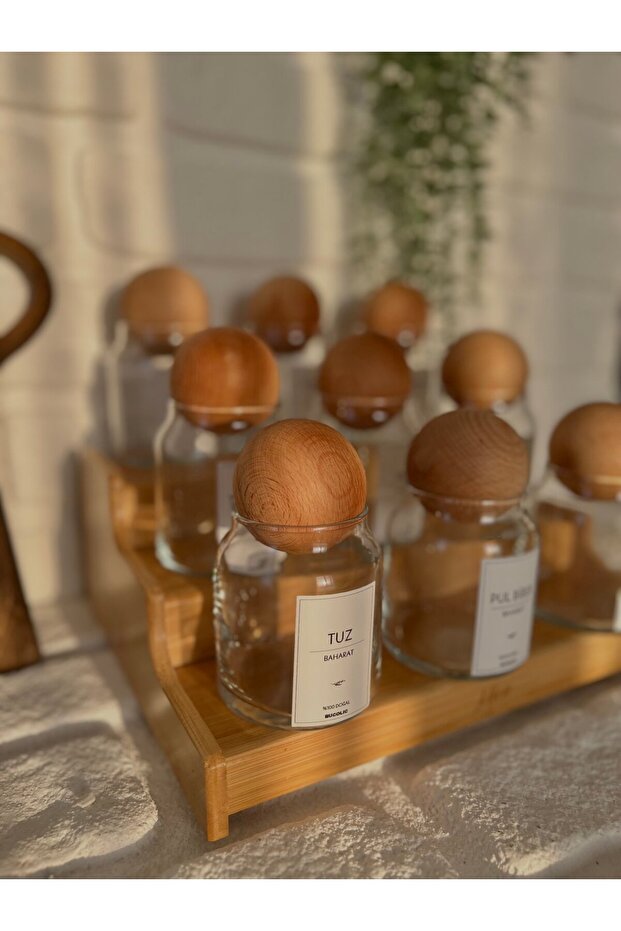 Set of 9 Wooden Ball Lid Glass Spice Rack with Bamboo Stand