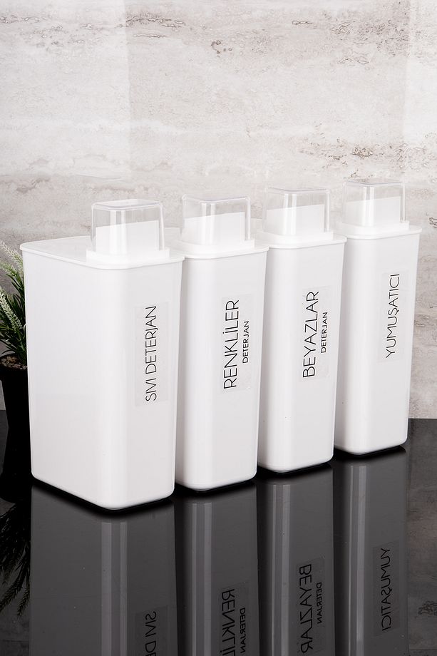 4lü Kendinden Ölçekli Deterjanlık Kutusu Seti Renkli Beyaz Sıvı Deterjan Yumuşatıcı Etiketli 3000ml - 2