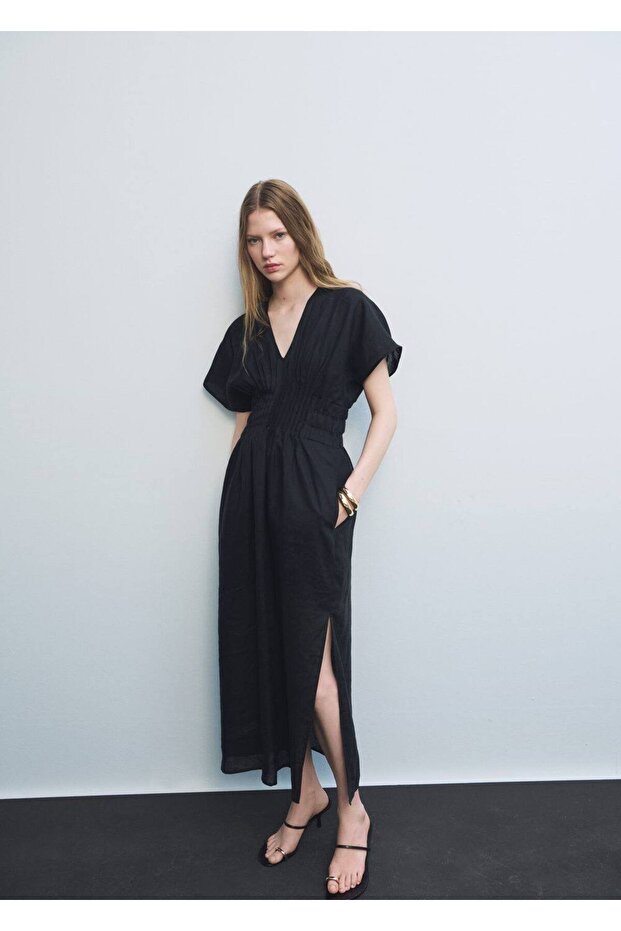 Langes Leinenkleid mit gerafften Einsätzen - 7