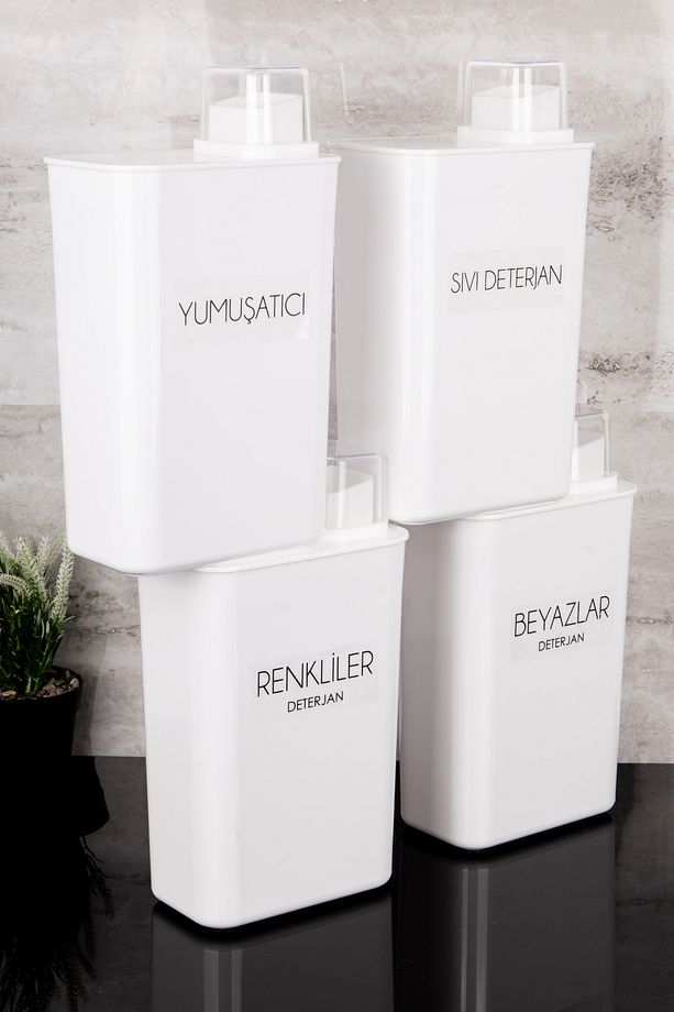 4lü Kendinden Ölçekli Deterjanlık Kutusu Seti Renkli Beyaz Sıvı Deterjan Yumuşatıcı Etiketli 3000ml - 3