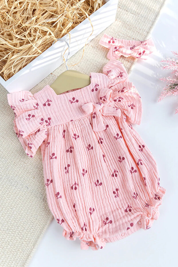 Muslin Cherry Patterned 100% Cotton Summer Baby Girl Jumpsuit