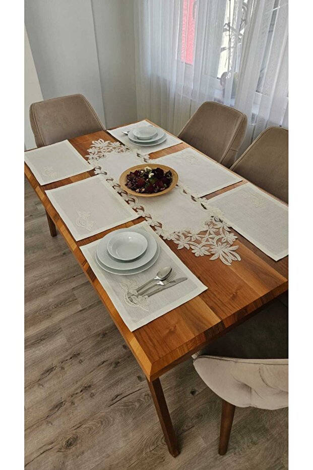 French Lace American Set with Linen Texture -6 People, 7 Pieces