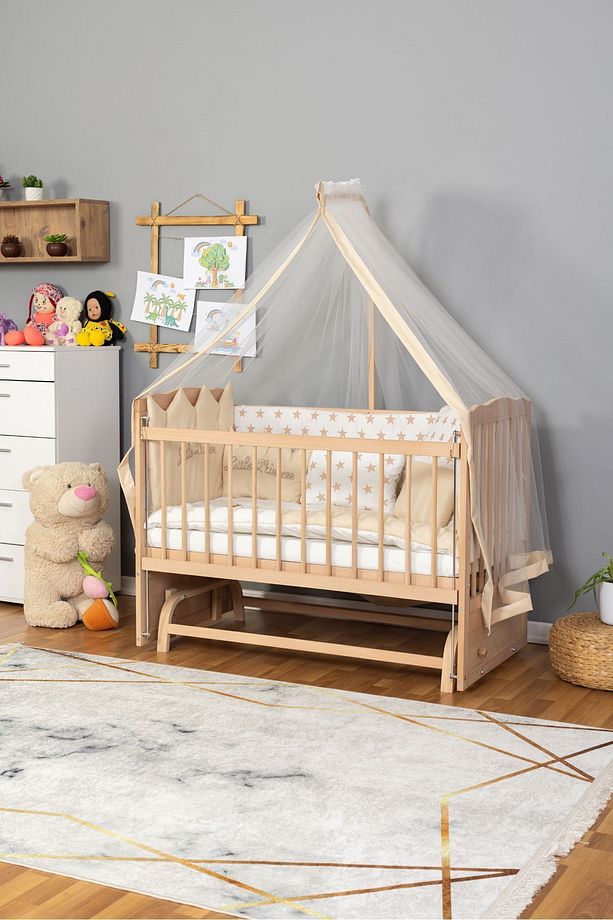 Anne Yanı Bebek Beşik - Ahşap Beşik - Yeni Doğan Beşik 60x120 - Krem Prenses (KIZ) Uyku Seti Yatak - 3
