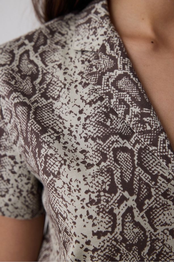 Printed Kahverengi Gömlek Şort Pijama Takımı - 3