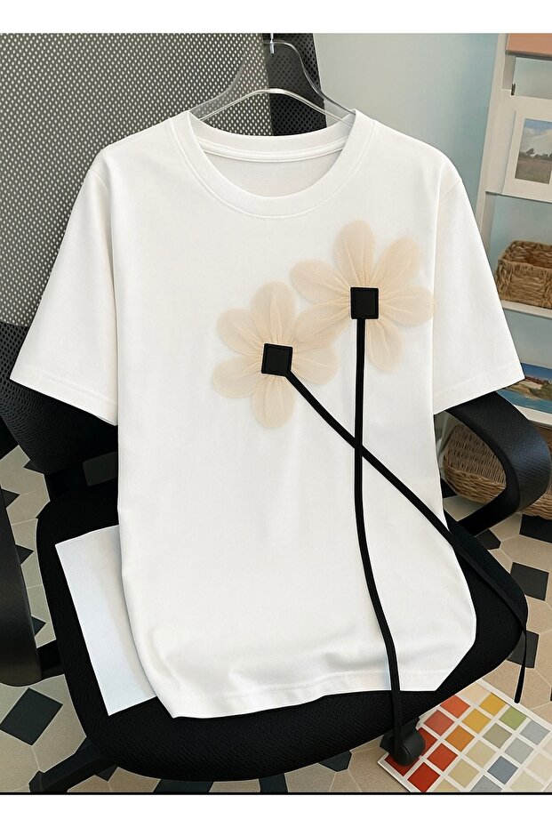 Tulle 3D Flower Printed Basic 100% Cotton Women's T-Shirt