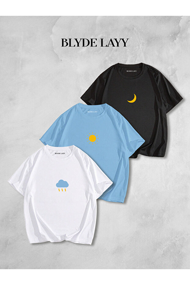 Moon-Sun-Cloud Printed Unisex Oversize Tshirt Set of 3